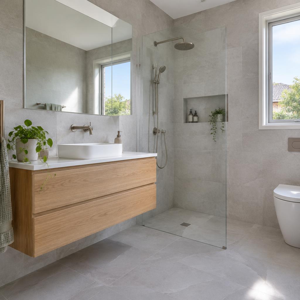 Illustrative renovated bathroom with timber vanity and walk-in shower