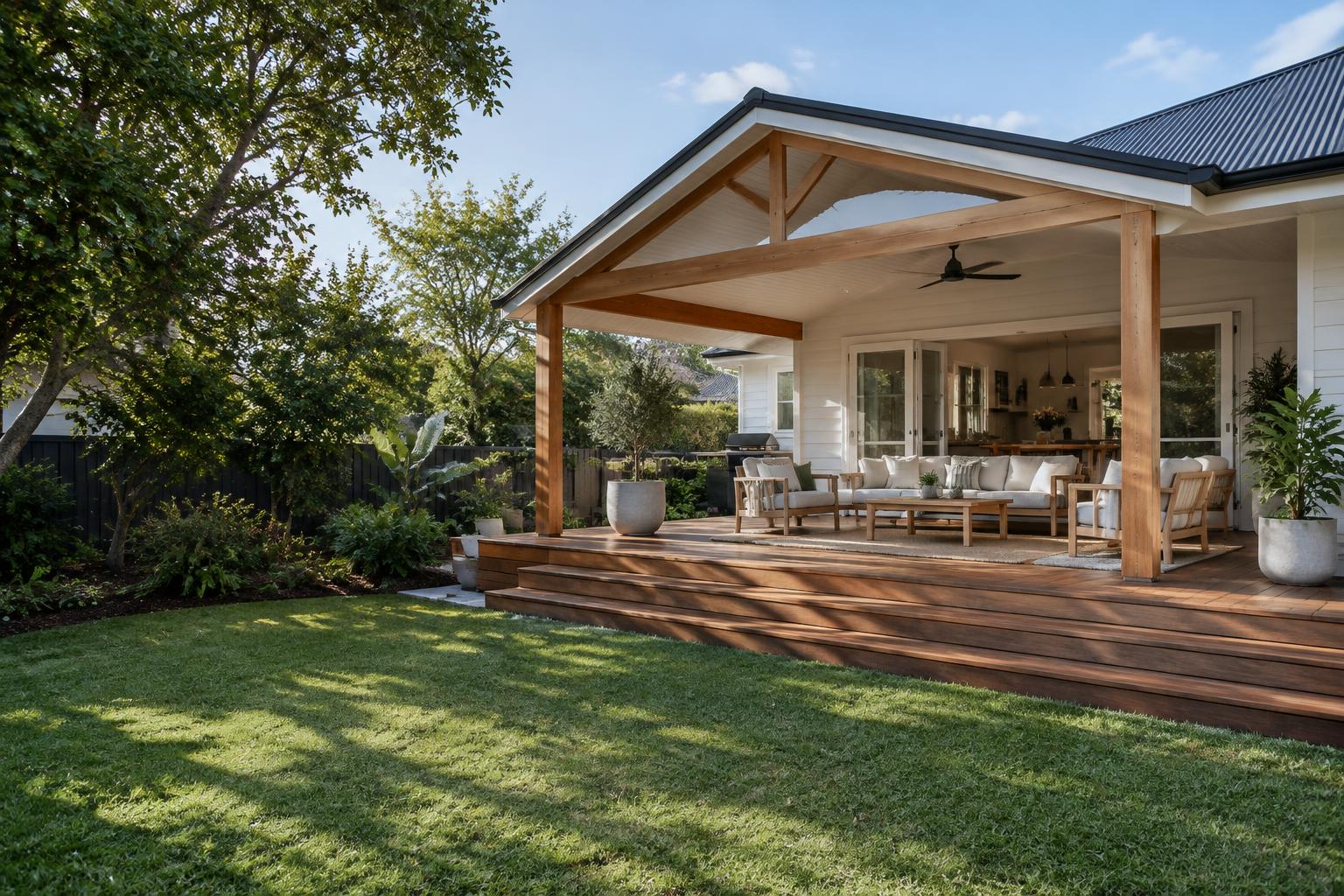 Illustrative timber deck and covered patio beside an Australian home